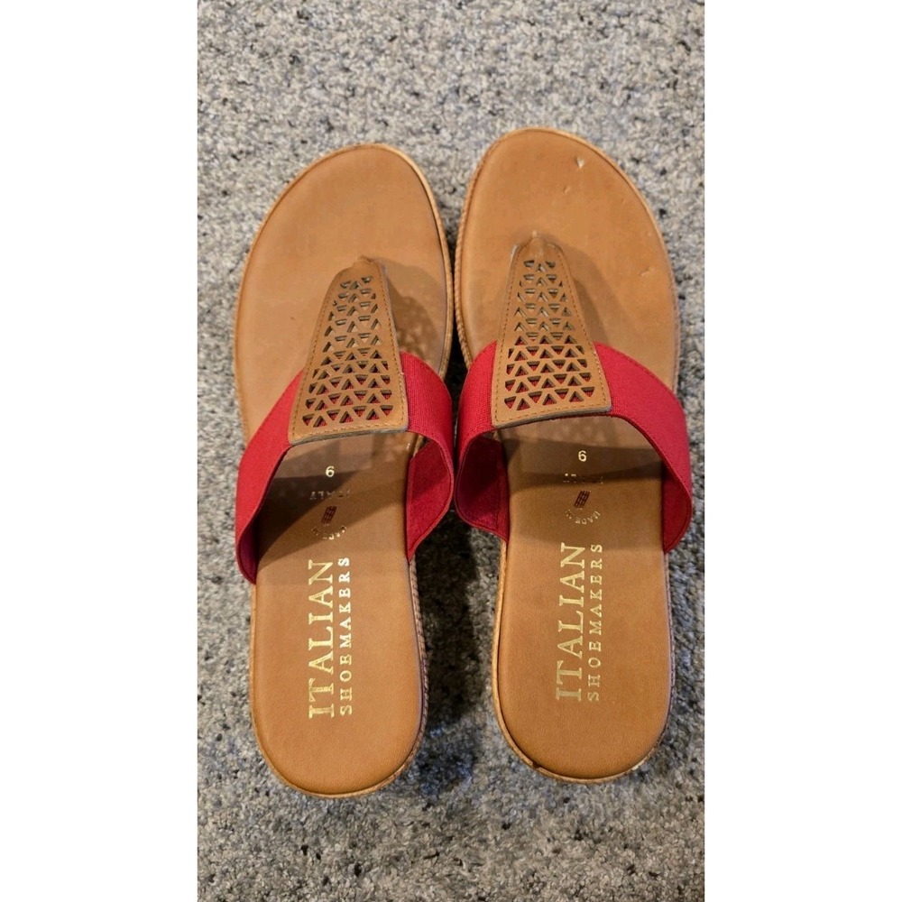 Italian Shoemakers Made in Italy Sandals Womens 9 Red Tan T Strap Wedge Boho